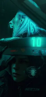 Futuristic cyberpunk art with neon teal lights.