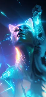 Futuristic neon cyberpunk artwork with a glowing techno figure.