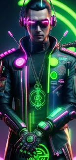 Futuristic cyberpunk character in neon light design.