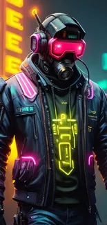 Cyberpunk character with neon lights in futuristic cityscape.