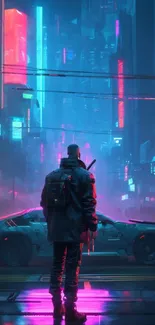 Futuristic cyberpunk city with neon lights and a lone figure.