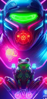 Futuristic neon cyberpunk art with robotic figure and colorful frog.