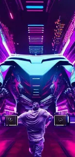 Futuristic cyberpunk neon scene with high-tech vehicle.