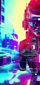 Futuristic neon cyberpunk art with vibrant colors and high-tech elements.