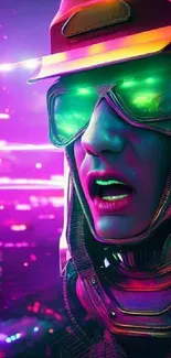 Futuristic neon cyberpunk character with vibrant cityscape.