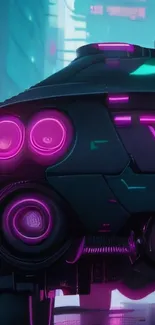 Neon cyberpunk car in a futuristic cityscape.