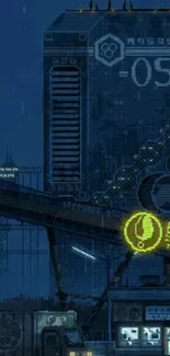 Futuristic cyberpunk cityscape with neon lights.