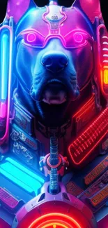 Futuristic neon cyberpunk dog art with glowing blue and pink accents.