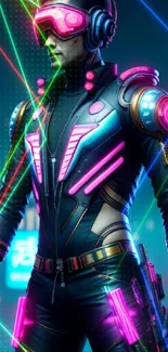 Futuristic neon cyberpunk hero in a colorful urban setting.