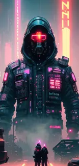 Giant neon-lit cyberpunk figure in futuristic city.