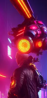 Cyberpunk figure in neon-lit futuristic cityscape.