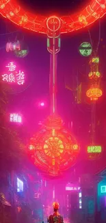 Vibrant cyberpunk cityscape with neon signs and futuristic allure.