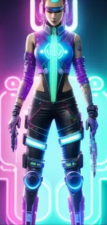 Futuristic cyberpunk character in neon pink and blue glow.