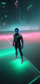 Neon-lit cyberpunk scene with lone figure.