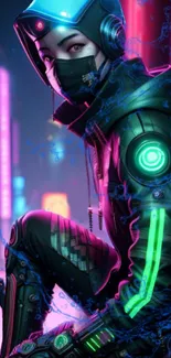 Futuristic cyberpunk wallpaper with neon lights and a helmeted figure.