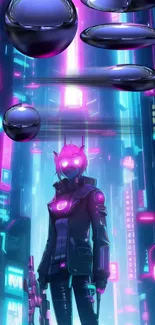 Futuristic neon cyberpunk scene with an android figure.