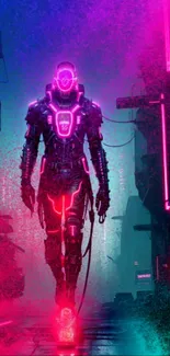 Futuristic cyberpunk wallpaper with neon lights and a glowing figure in the city.