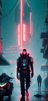 Lone figure in a neon-lit cyberpunk cityscape with futuristic vibes.