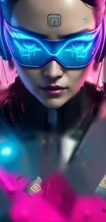 Futuristic woman in neon cyberpunk setting with glowing pink and blue lights.