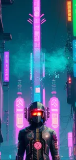 Futuristic cyberpunk city with neon lights and a masked figure.