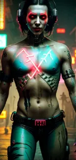 Futuristic cyberpunk character with neon glow in urban setting.