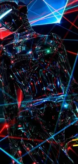 Futuristic neon cyberpunk wallpaper with blue and red lasers.