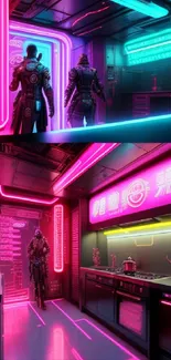 Futuristic neon cyberpunk cityscape mobile wallpaper with vibrant pink and blue lights.