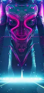 Futuristic neon cyberpunk android standing bold.