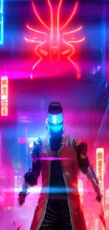 Futuristic cyberpunk wallpaper with neon lights and a masked figure.