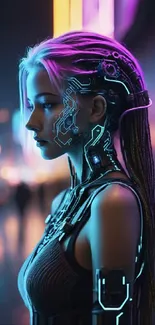 Futuristic neon cyberpunk wallpaper featuring a cyborg figure in a glowing city.