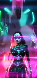 Futuristic neon cyberpunk wallpaper with vivid pink and green lights.