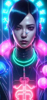 Futuristic cyberpunk character with neon lights in a vibrant urban setting.