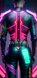 Futuristic cyberpunk warrior with neon pink lights in vibrant tech armor.