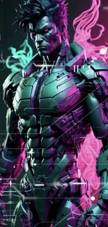 Futuristic neon cyborg art with pink and teal colors.