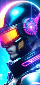 Futuristic neon cyborg with helmet and neon lights.