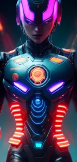 Futuristic neon cyborg with colorful lights on a mobile wallpaper.