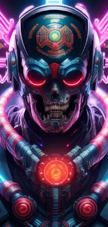 Futuristic cyberpunk cyborg skull with neon lights and vibrant colors.