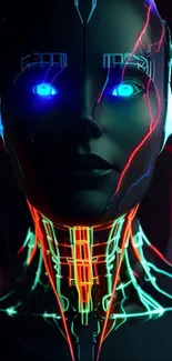 Futuristic cyborg with neon lights on a dark background.