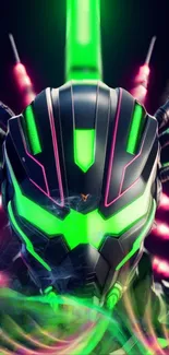 Futuristic neon green cyborg helmet wallpaper.