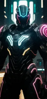 Futuristic neon cyborg with glowing elements on dark background.