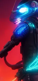 Futuristic cyborg with neon lights in vibrant red background