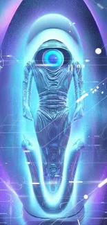 Futuristic neon cyborg wallpaper with electric blue glow.