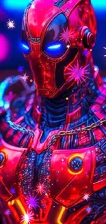 Futuristic neon cyborg in vibrant red armor with glowing accents.