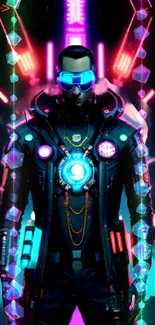 Futuristic neon cyborg in vibrant colors with glowing elements.