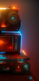 Futuristic neon device with vibrant orange and blue hues.