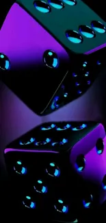 Futuristic neon dice in vibrant purple and blue hues on dark background.