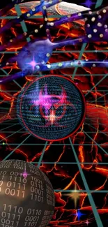 Futuristic neon digital wallpaper with red grid and binary code sphere.