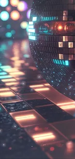 Futuristic neon discoball with glowing tiles.