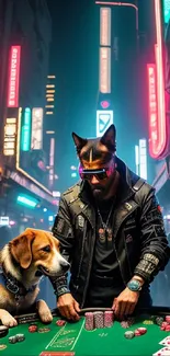 Futuristic neon poker game with dogs in a vibrant city scene.