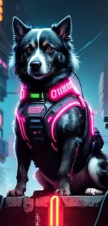 Futuristic city with a neon-lit dog at night.